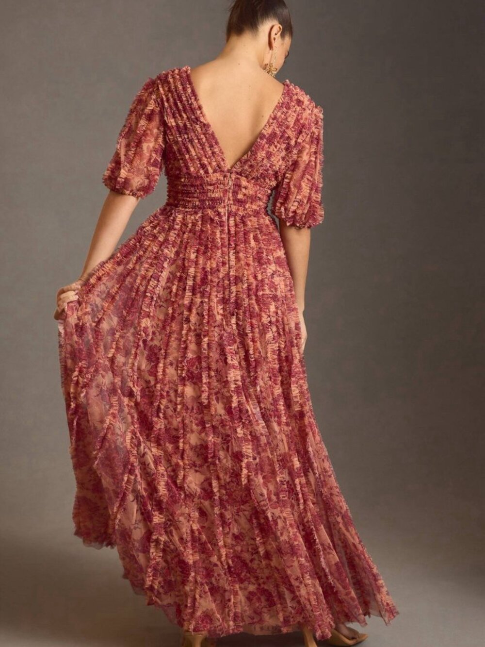 MAC DUGGAL Size 6 Orange Rose Floral 8013 V-Neck Ruffles Maxi Gown Dress NWT - Picture 3 of 15